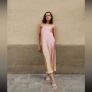 Zara Pink orange ombre satin effect strapless dress NWT